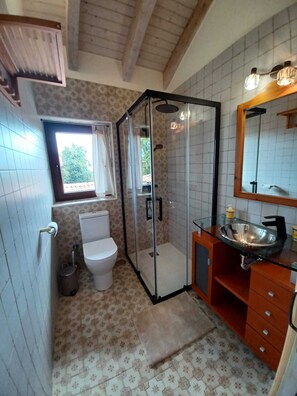 Hair dryer, towels, soap, toilet paper