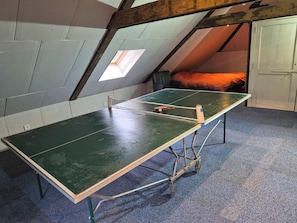 Ein Tischtennistisch in einem Raum mit geneigter Decke und einem Oberlicht.