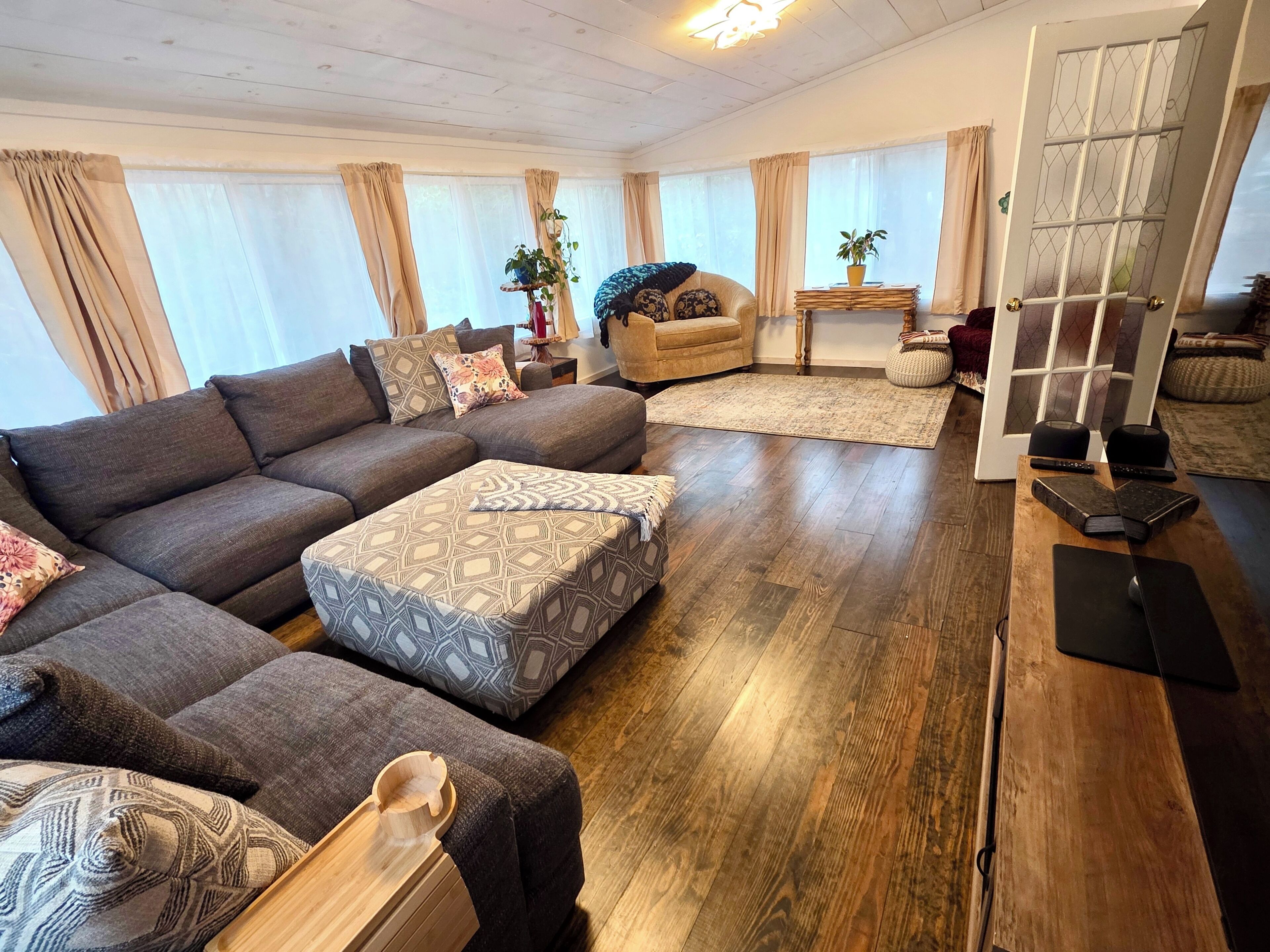 Smart TV, fireplace, books, computer monitors