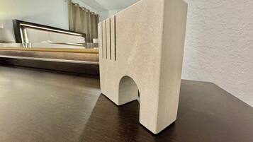 Hair dryer, bidet, towels, soap