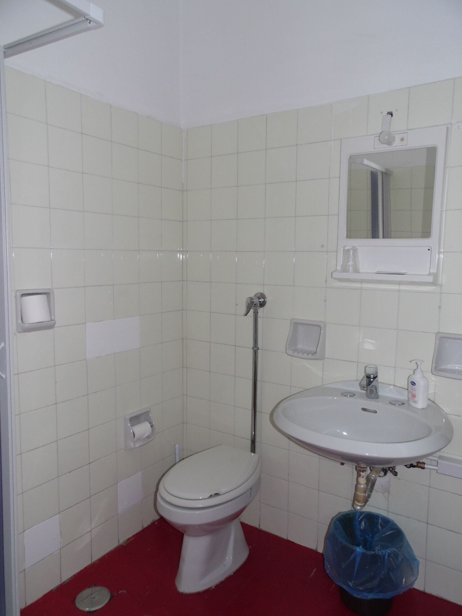 A bathroom with a toilet, sink, and mirror.