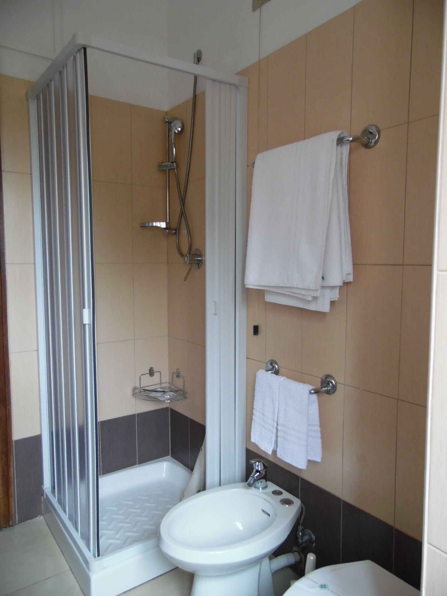 Un baño con ducha, lavamanos e inodoro.