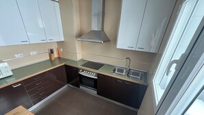 Cocina compacta con estufa, lavabo y horno empotrado.