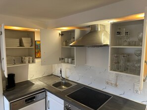A modern kitchen with a stainless steel sink, a Bosch dishwasher, and a built-in stove. - "In harmony" vacation apartment (Buchen)