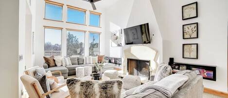 智能電視、壁爐、書籍、音響