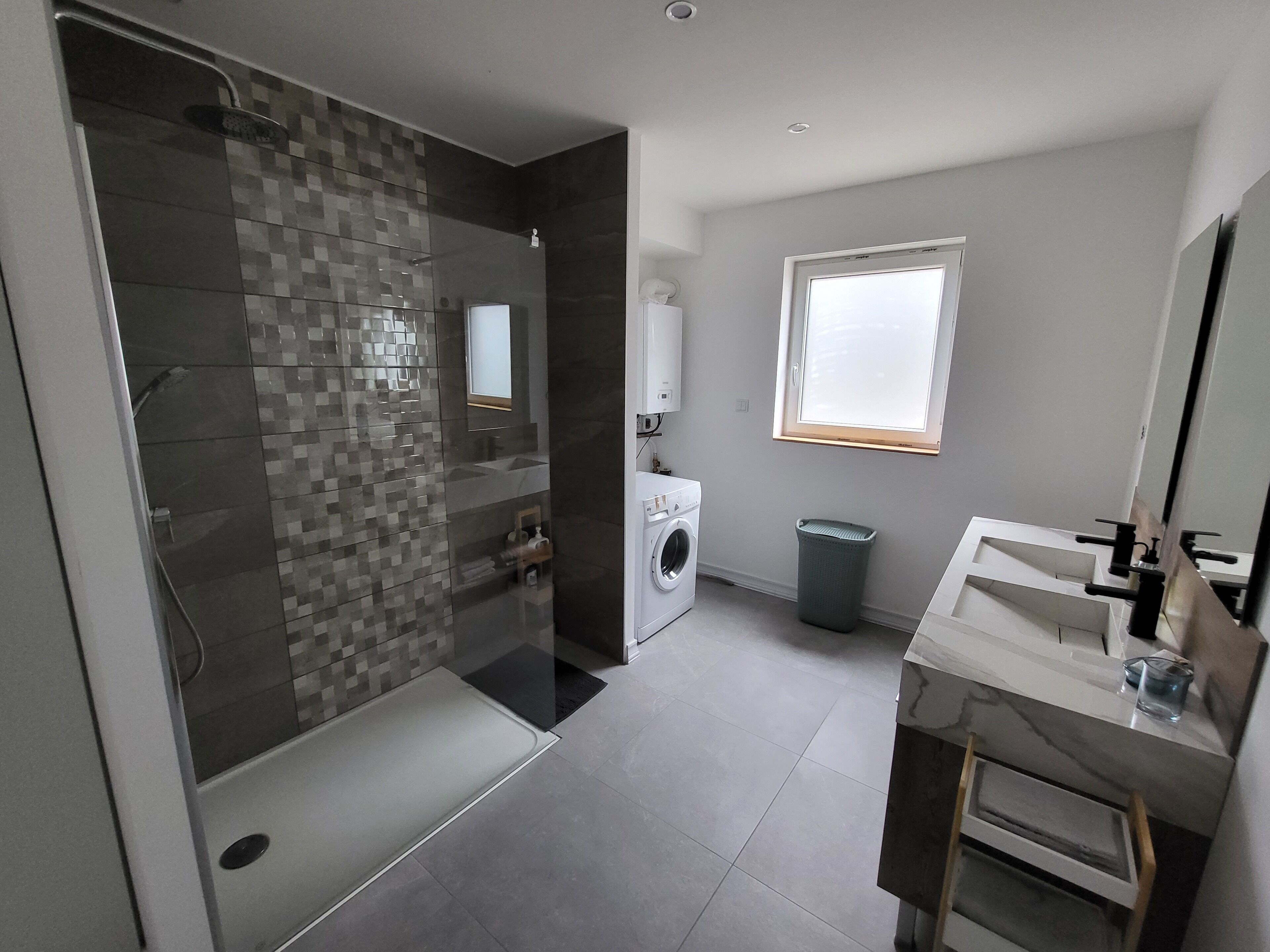 Hair dryer, towels, toilet paper