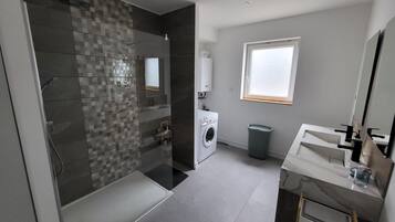 Hair dryer, towels, toilet paper