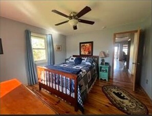 A bedroom with a bed, a ceiling fan, a window with curtains, a door, and a rug.