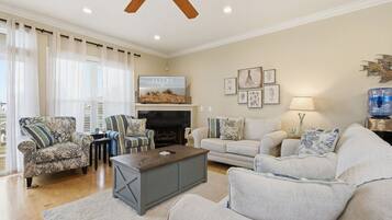 Télévision, cheminée, livres