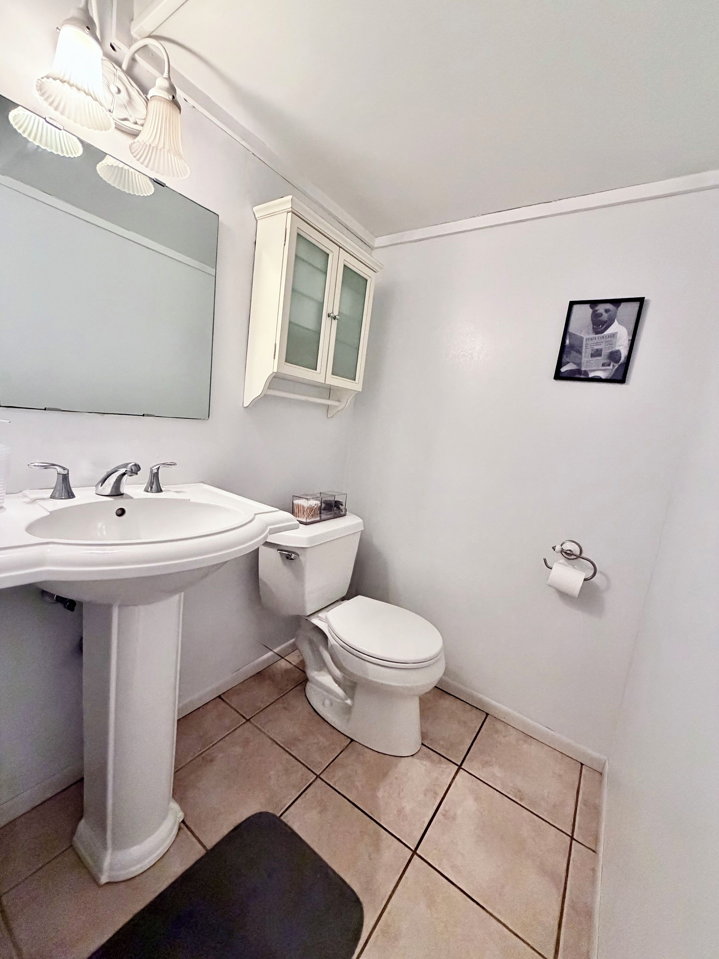 Une salle de bain avec un lavabo sur colonne, des toilettes, un meuble avec des portes en verre, un miroir et un tableau encadré au mur.