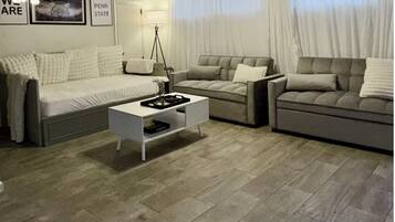 Smart TV, fireplace, DVD player, foosball