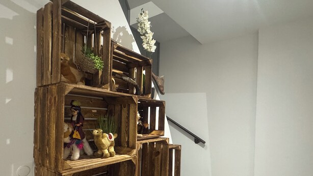 Estantería de madera con diversos objetos decorativos, incluyendo figuritas y plantas, frente a una pared blanca en un espacio interior moderno.