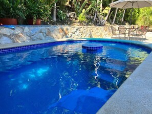 A swimming pool with a stone wall and potted plants around it.