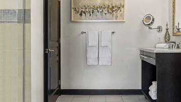 Hair dryer, towels, soap, toilet paper