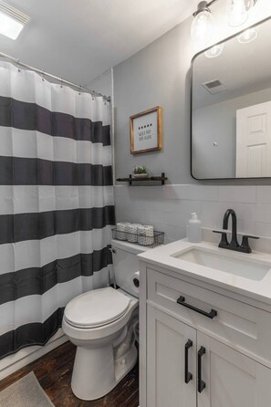 Hair dryer, towels, soap, toilet paper