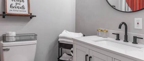 Hair dryer, towels, soap, toilet paper