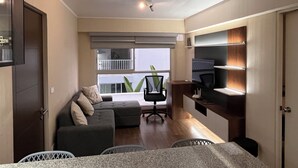 Ein kompakter Wohnbereich mit einer Couch, einer kleinen Arbeitsnische mit Schreibtisch und Stuhl sowie einem an der Wand befestigten Fernseher.