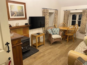 TV connectée, cheminée, chaîne hi-fi