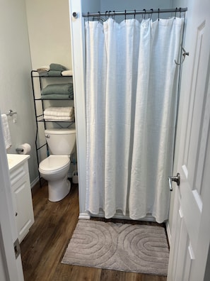 Shower, hair dryer, towels, soap