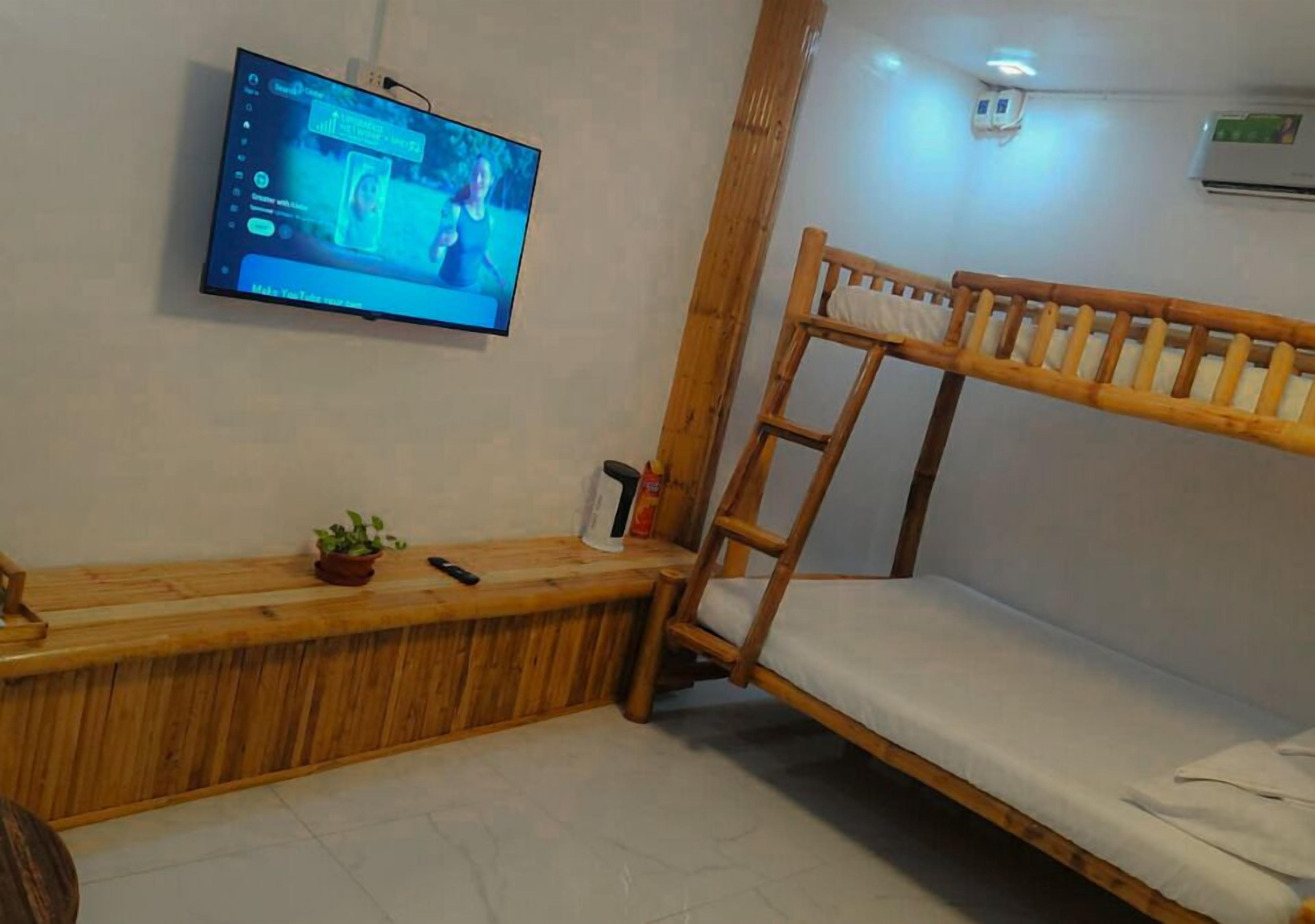 A room with a bunk bed, a wooden desk, a television mounted on the wall, and a small plant on the desk.