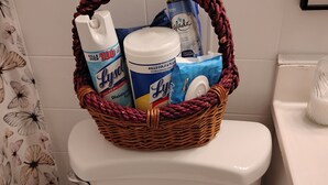 A bathroom with a toilet, a wicker basket containing cleaning supplies, and a floral-patterned shower curtain. - Awesome 3-bedroom house with AC in delightful downtown Augusta Georgia (Augusta)