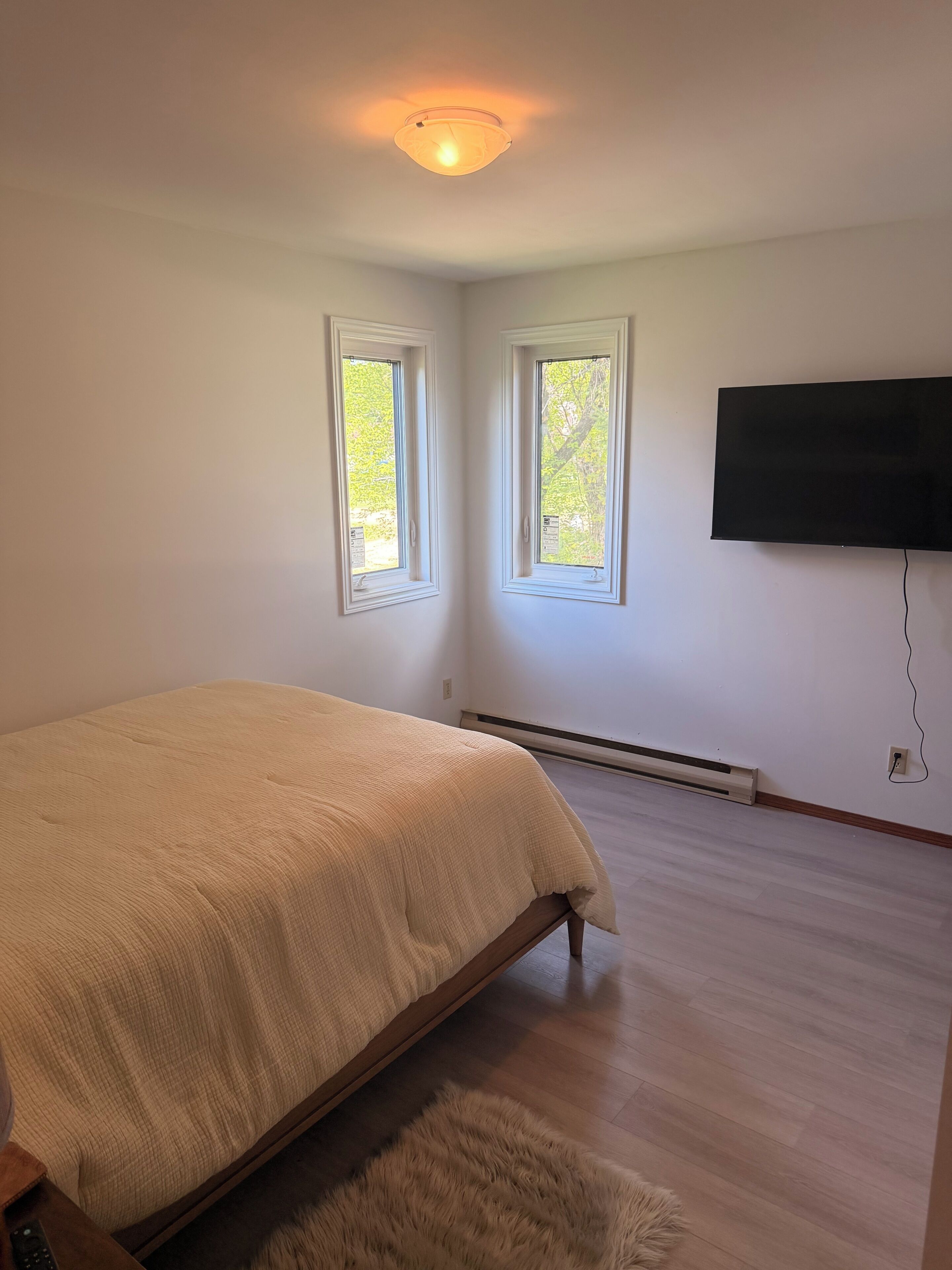 A bedroom with a bed, two windows, a wall-mounted TV, and a heater.