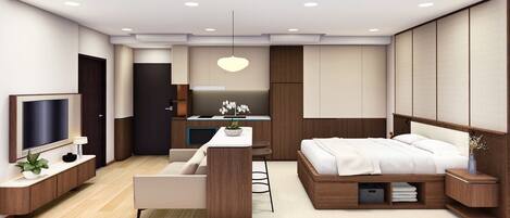 Junior Studio, City View | Desk, laptop workspace, blackout drapes, iron/ironing board