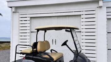 Un carrello da golf parcheggiato davanti a una casa con un garage.