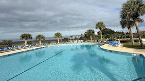 Une piscine avec des chaises longues et des palmiers.