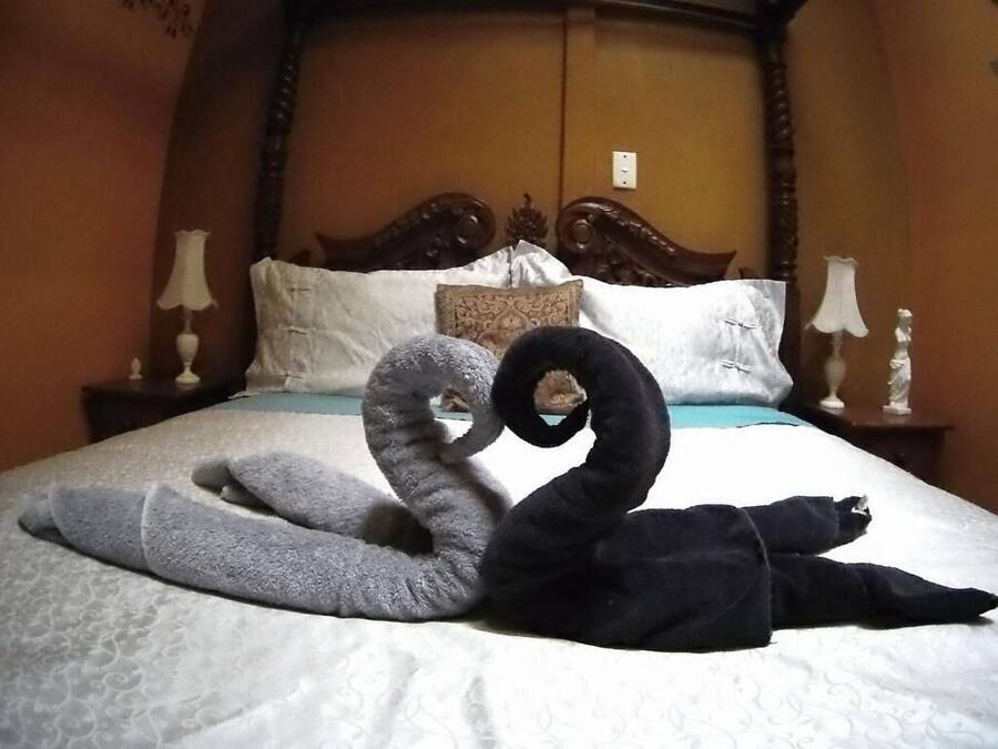 A bed with a swan-shaped pillow and a swan-shaped blanket.