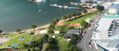 A marina with boats docked, a road with vehicles, and a building with a blue roof.