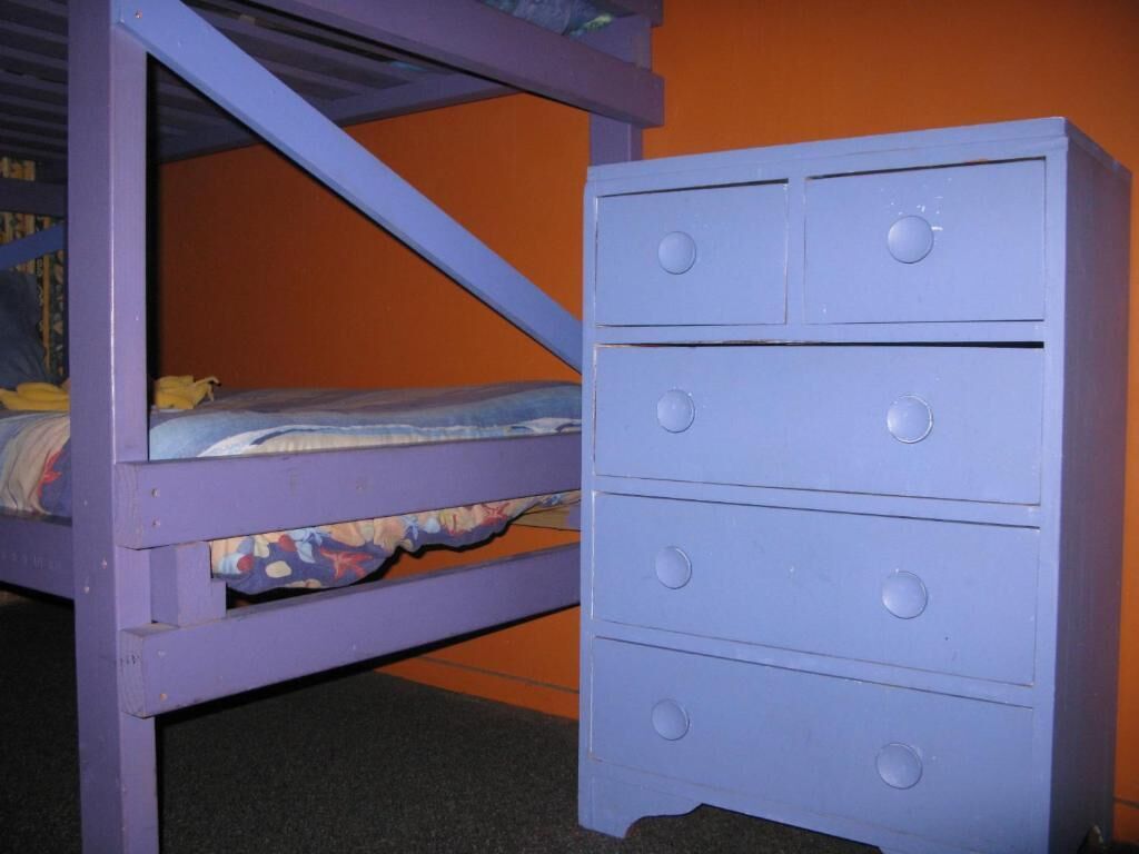 A bunk bed with a lower bunk and a dresser with four drawers.