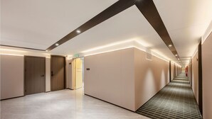 Un long couloir bien éclairé, doté d’un tapis à motifs, de portes en bois et d’un design de plafond moderne.