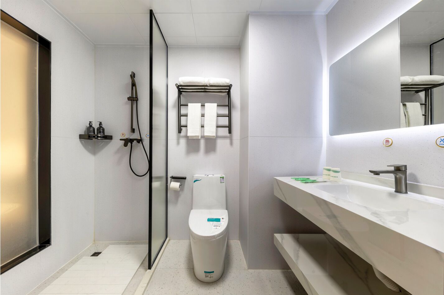 A modern bathroom with a glass-enclosed shower, a white toilet, and a marble sink with a mirror.