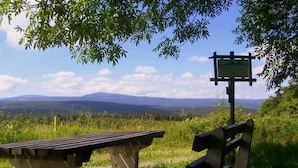 A bench and picnic table in a park with a view of distant mountains. - Fewo Bergkristall by Interhome (Sehmatal)