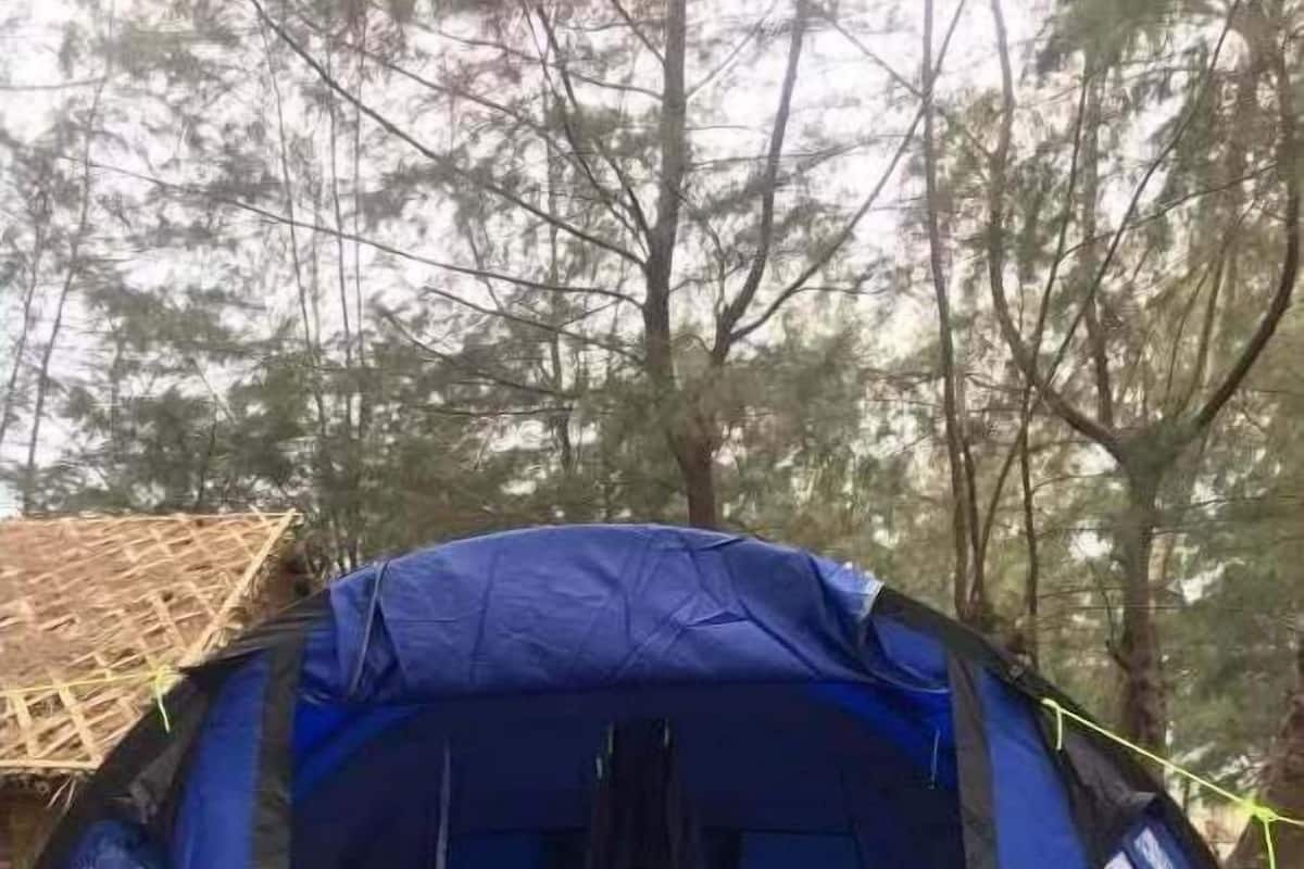 Una tienda azul con un espacio para dormir y una chimenea, ubicada en un bosque.