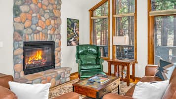 Smart TV, fireplace, books