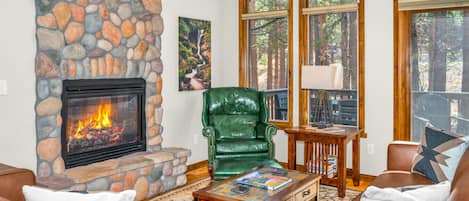 Smart TV, chimenea, libros