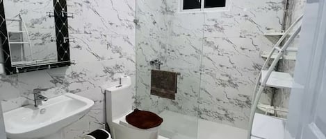 Shower, towels, soap, toilet paper