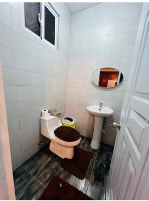 Shower, towels, soap, toilet paper