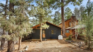 A cabin with a stone chimney, surrounded by trees and a gravel driveway. - Mama Bear's Cozy Cabin - Fireplace, Central Heat, Spacious Deck (Sugarloaf)