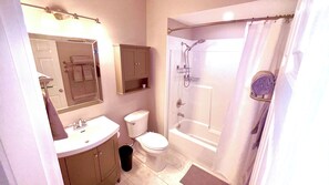 Une salle de bain avec un lavabo, des toilettes et une douche.