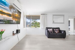 Télévision, cheminée, chaîne hi-fi