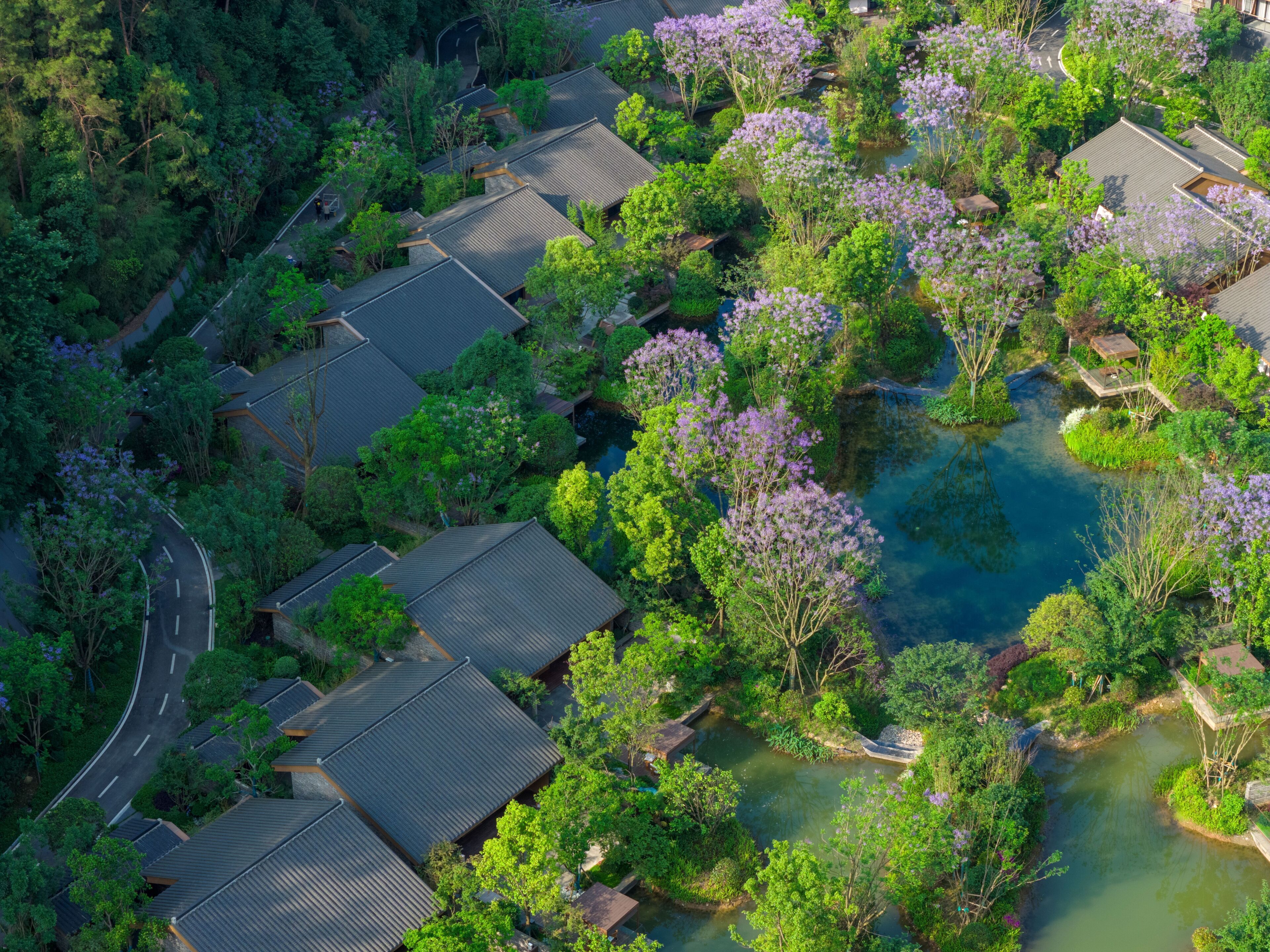 An aerial view of a traditional Japanese-style residential area with interconnected houses, a central pond, and surrounding greenery.