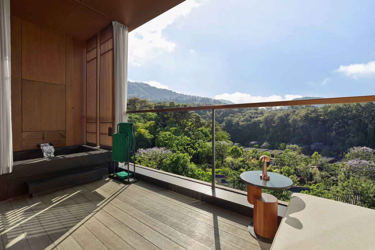 Un balcón con vista a un paisaje boscoso.