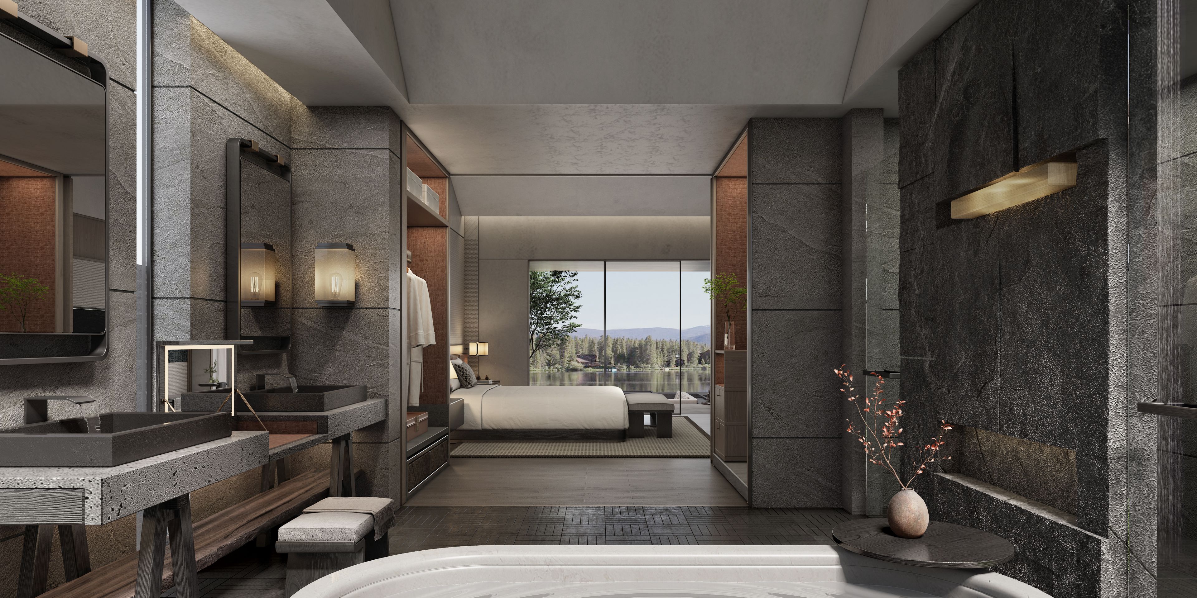 A modern bathroom with a large mirror, a bathtub, and a shower area.