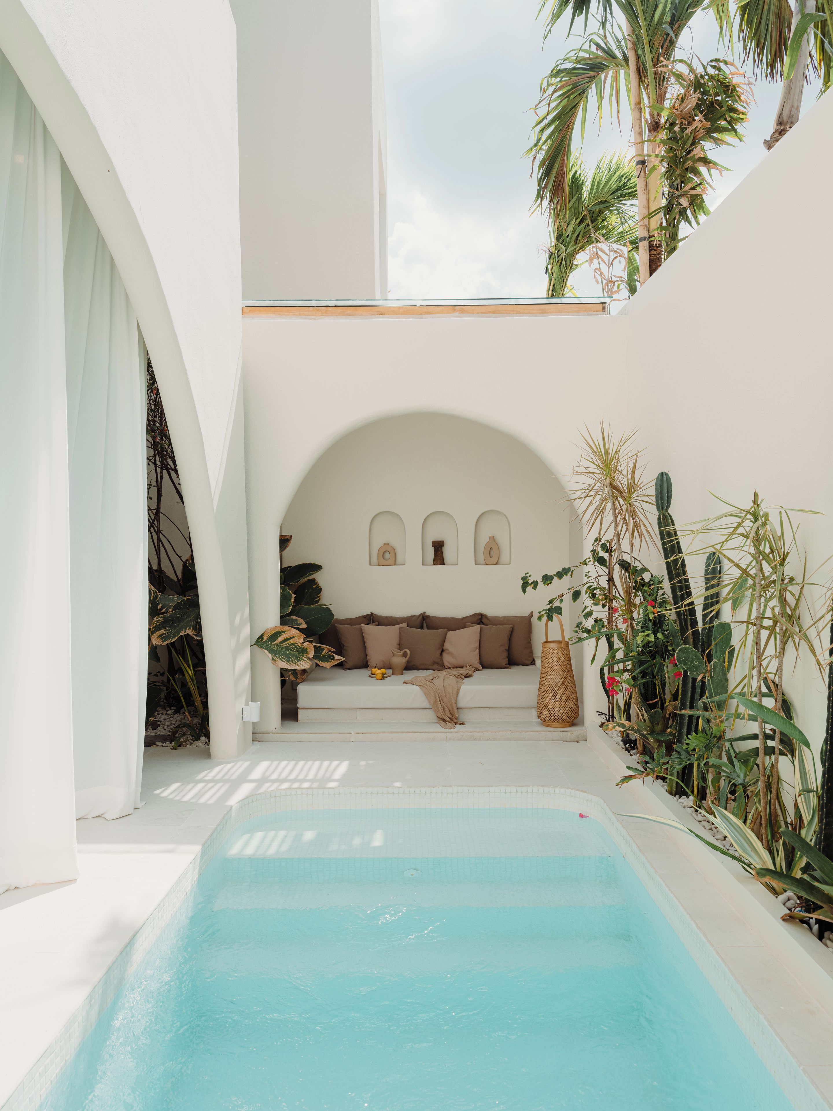 A pool area with a white wall, a sofa with cushions, and various plants.