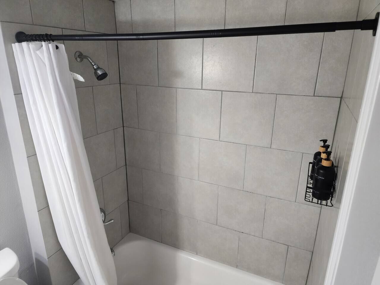 Hair dryer, towels, soap, shampoo