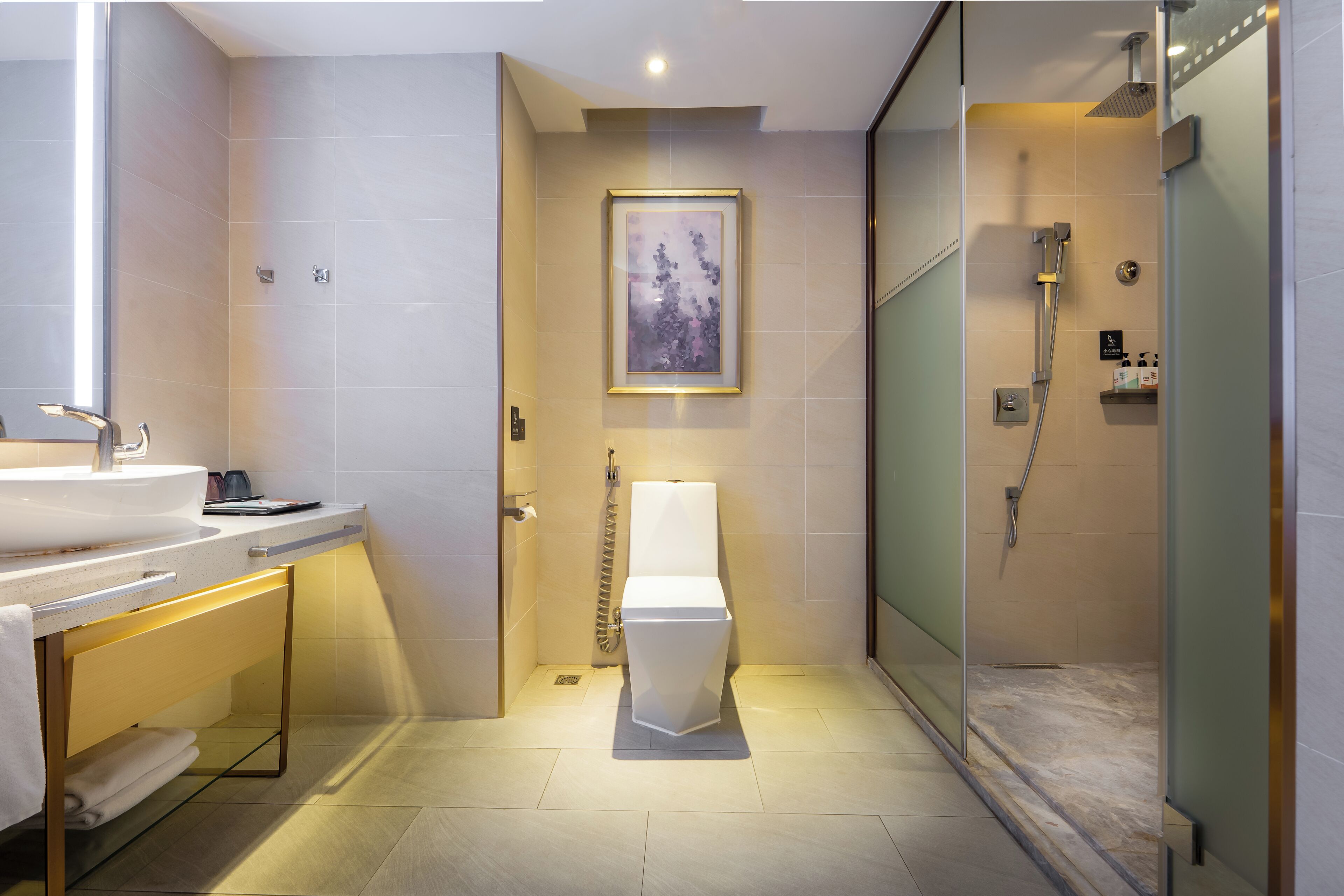 Een moderne badkamer met toilet, wastafel en douche.