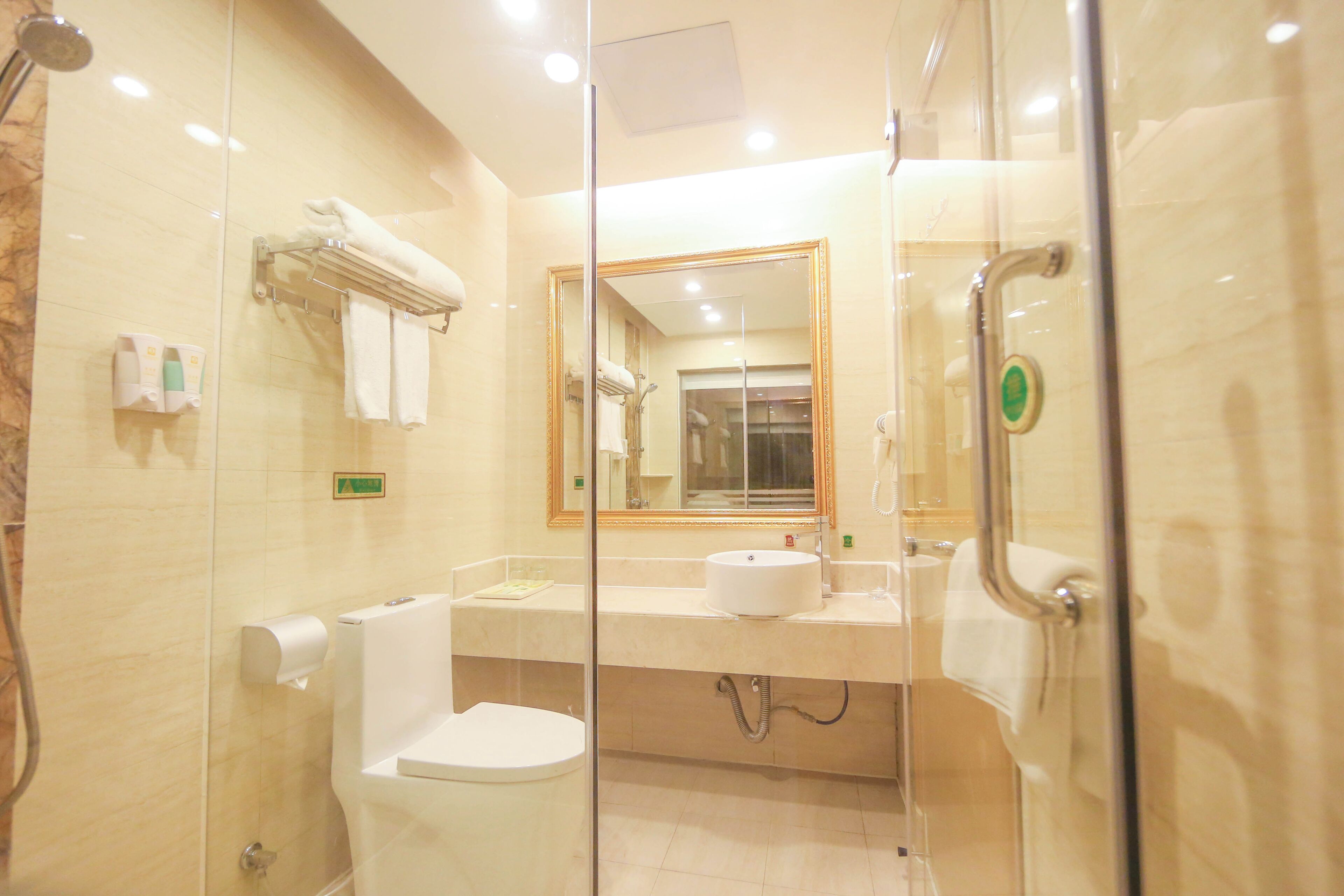A modern bathroom with a glass shower enclosure, a toilet, a sink, and a large mirror.